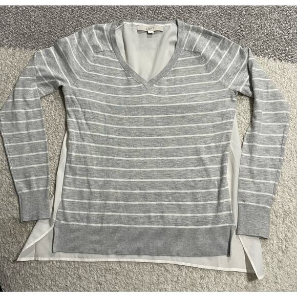 LOFT Women's XS Striped V-Neck Long Sleeve Top Chiffon Back Gray 70146 354980 - Picture 1 of 8